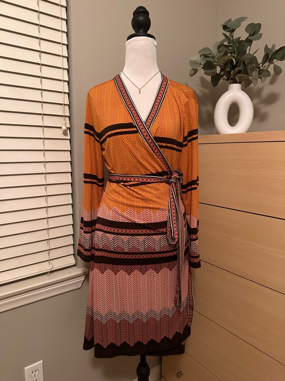 Women's Orange Patterned Long-Sleeve Wrap Dress with Tie Waist